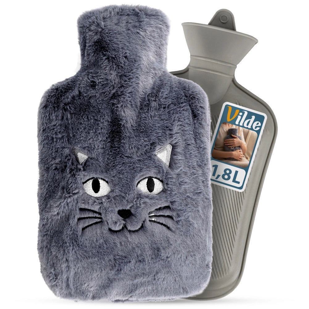 Hot Water Bottle with Gray Cat Cover, 1.8L Capacity