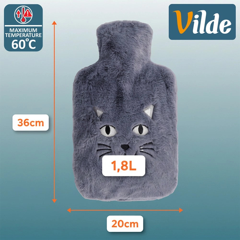 Hot Water Bottle with Gray Cat Cover, 1.8L Capacity