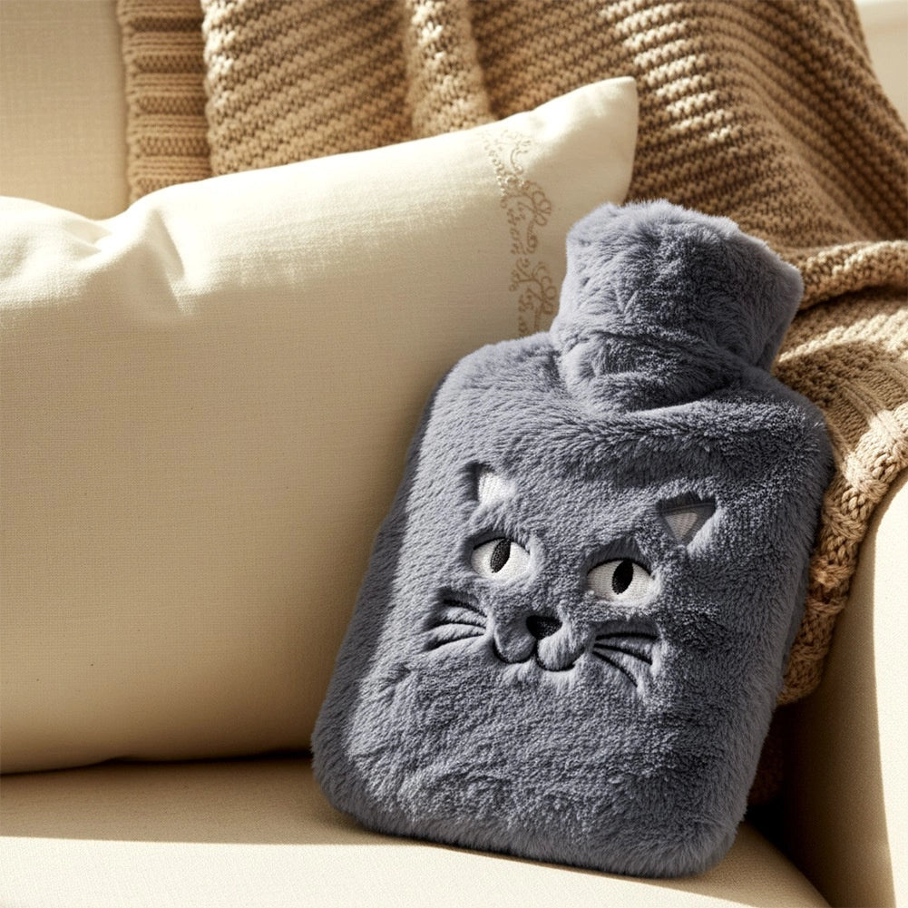 Hot Water Bottle with Gray Cat Cover, 1.8L Capacity