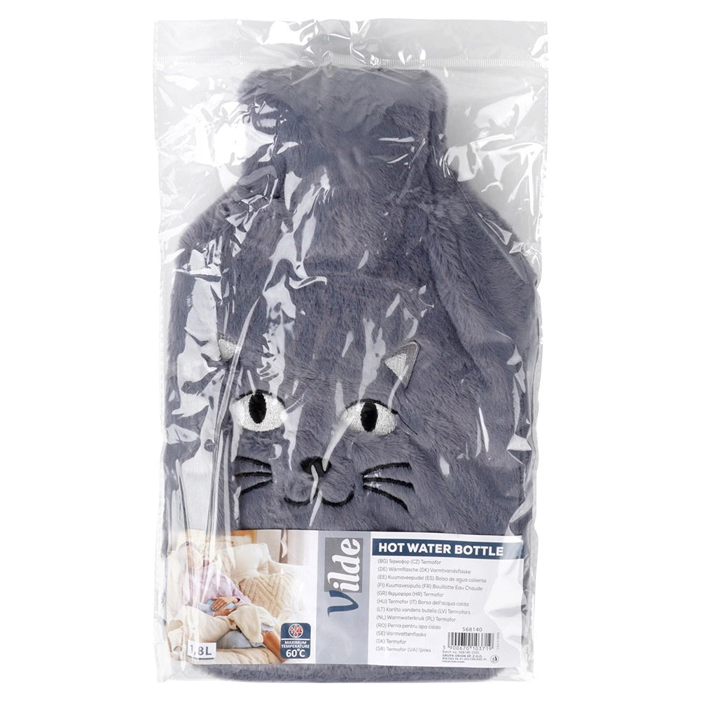 Hot Water Bottle with Gray Cat Cover, 1.8L Capacity