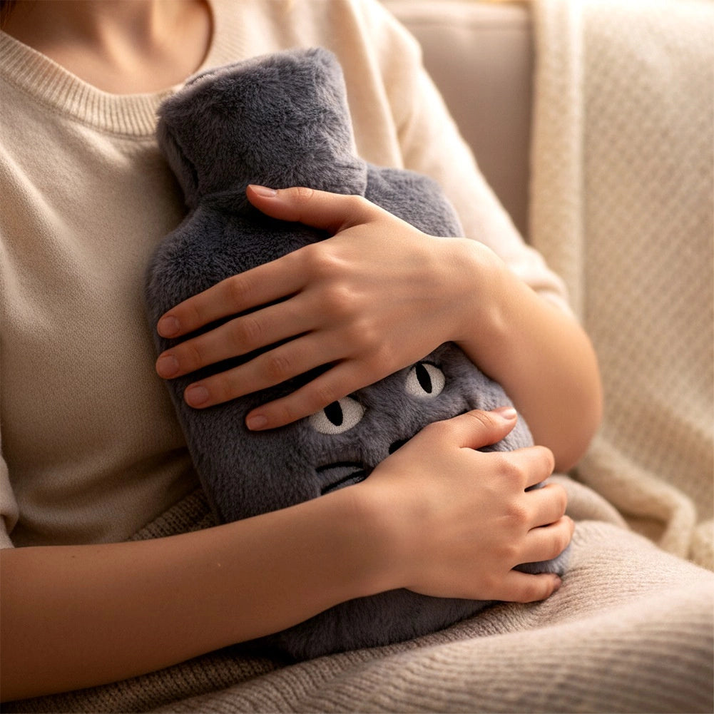 Hot Water Bottle with Gray Cat Cover, 1.8L Capacity