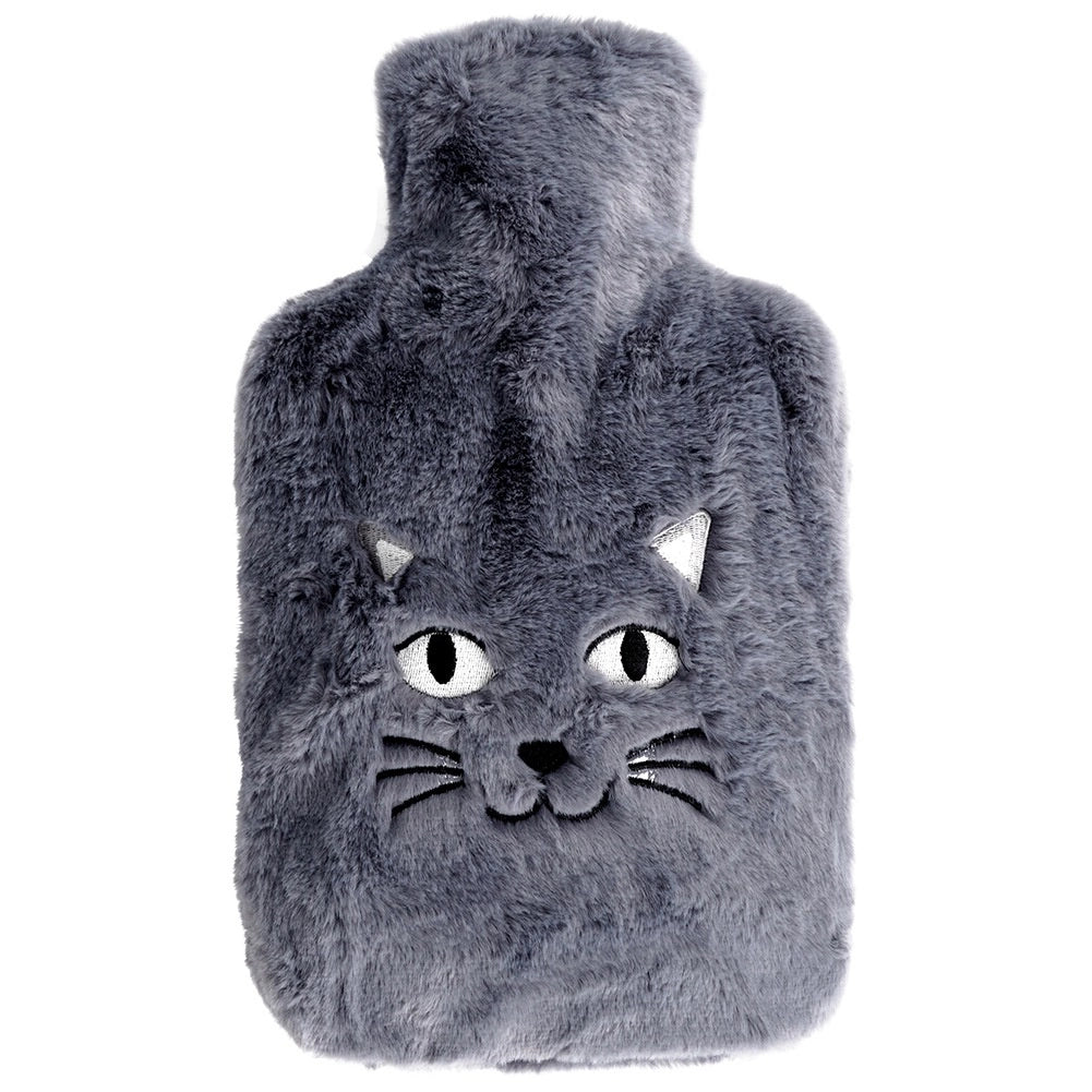 Hot Water Bottle with Gray Cat Cover, 1.8L Capacity