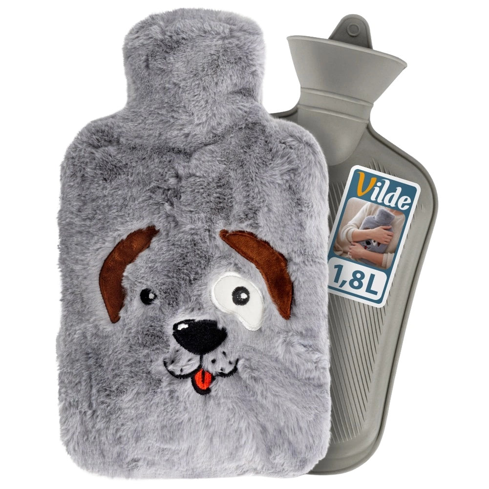 Hot Water Bottle with Gray Dog Cover, 1.8L Capacity