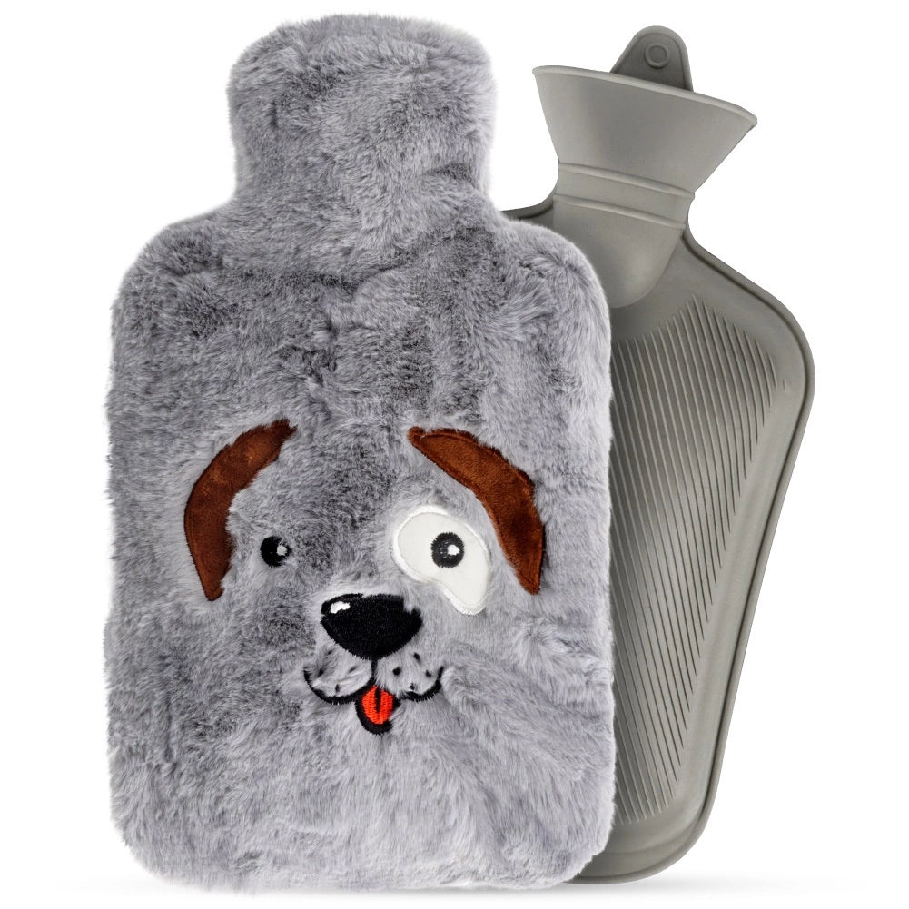 Hot Water Bottle with Gray Dog Cover, 1.8L Capacity