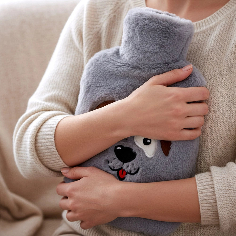 Hot Water Bottle with Gray Dog Cover, 1.8L Capacity
