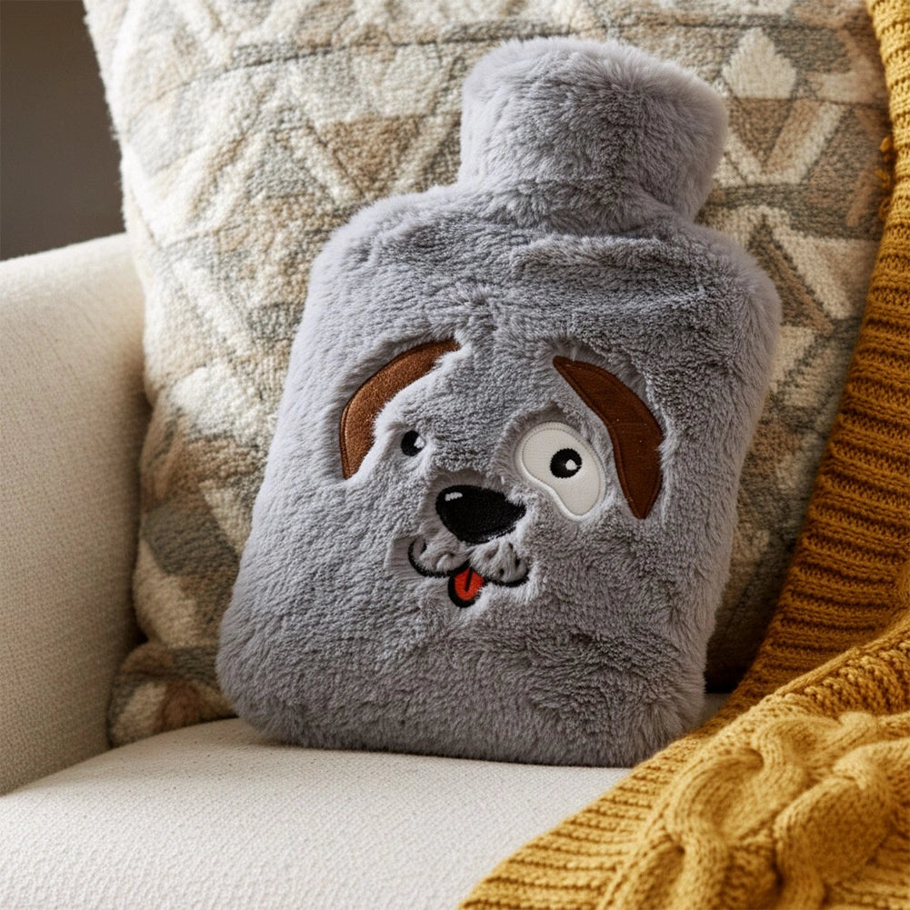 Hot Water Bottle with Gray Dog Cover, 1.8L Capacity