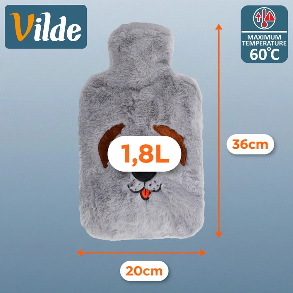 Hot Water Bottle with Gray Dog Cover, 1.8L Capacity