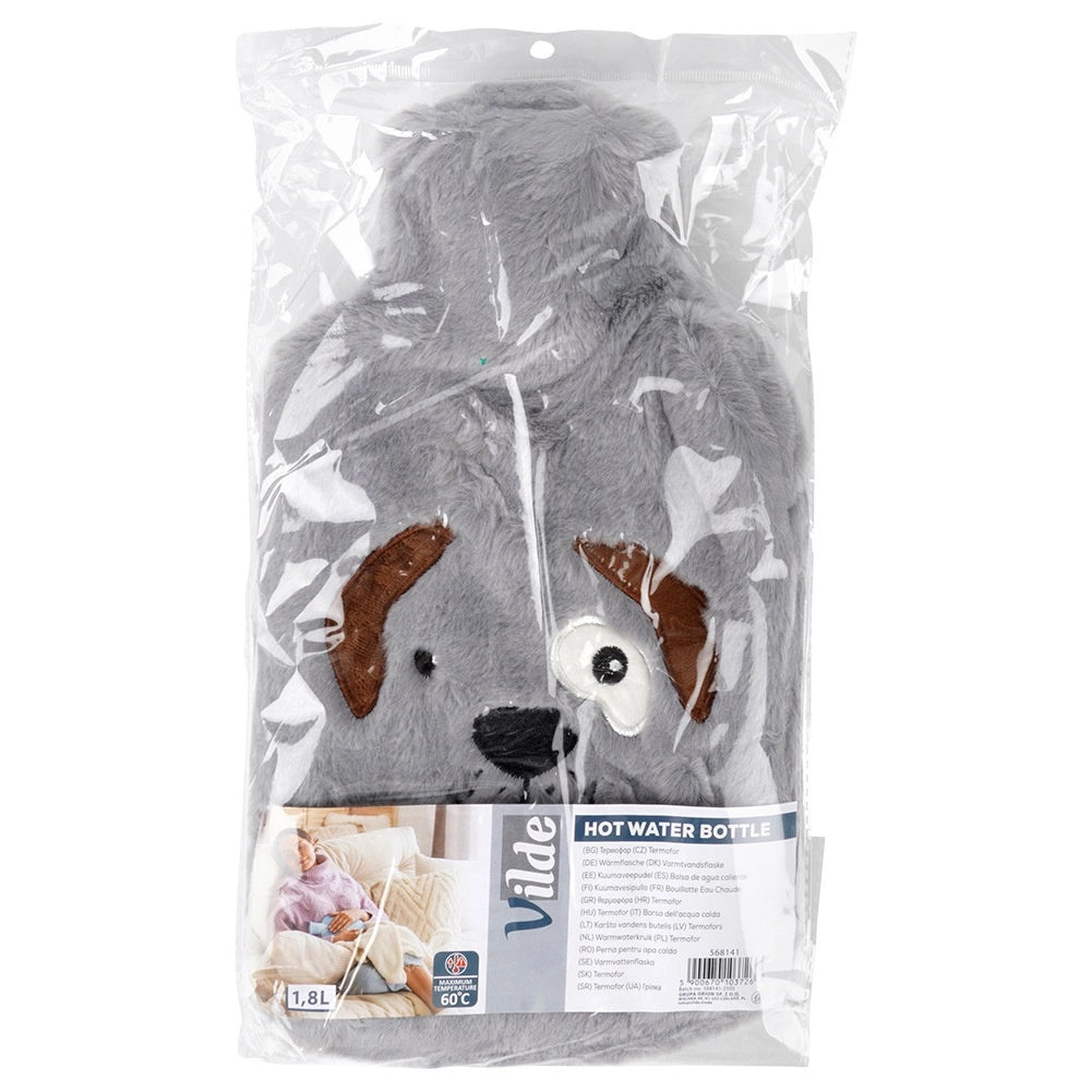 Hot Water Bottle with Gray Dog Cover, 1.8L Capacity