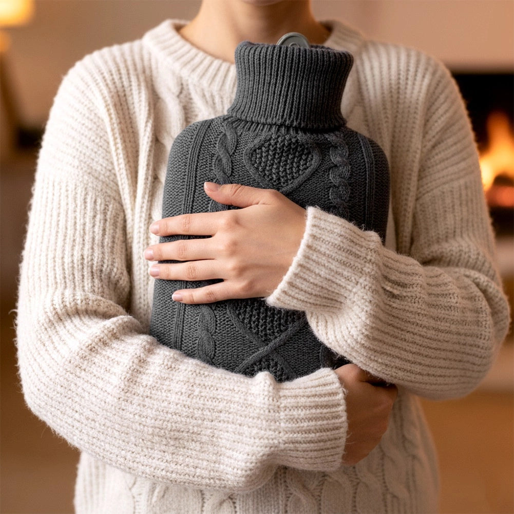 Hot Water Bottle with Gray Knit Cover, 2L Capacity