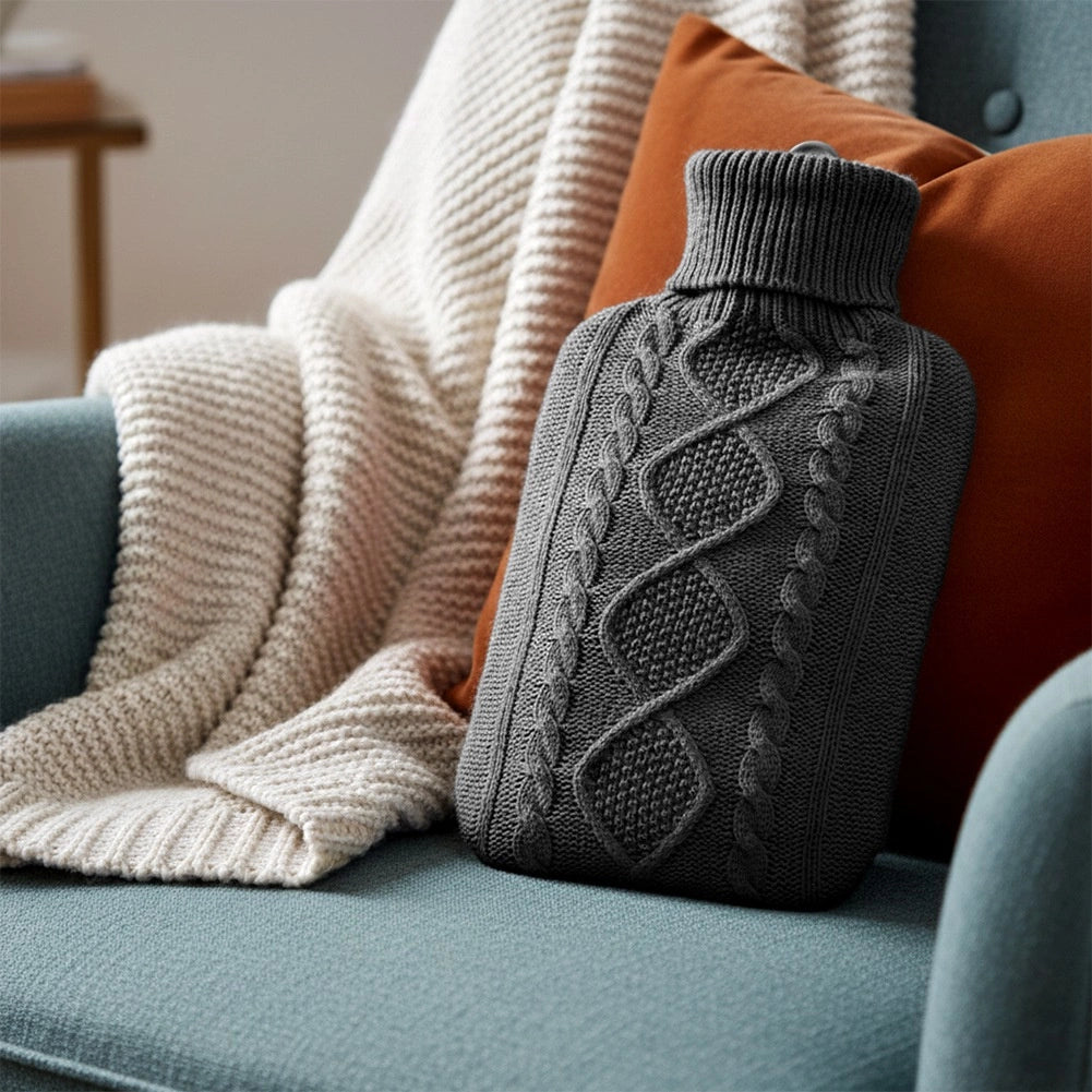 Hot Water Bottle with Gray Knit Cover, 2L Capacity