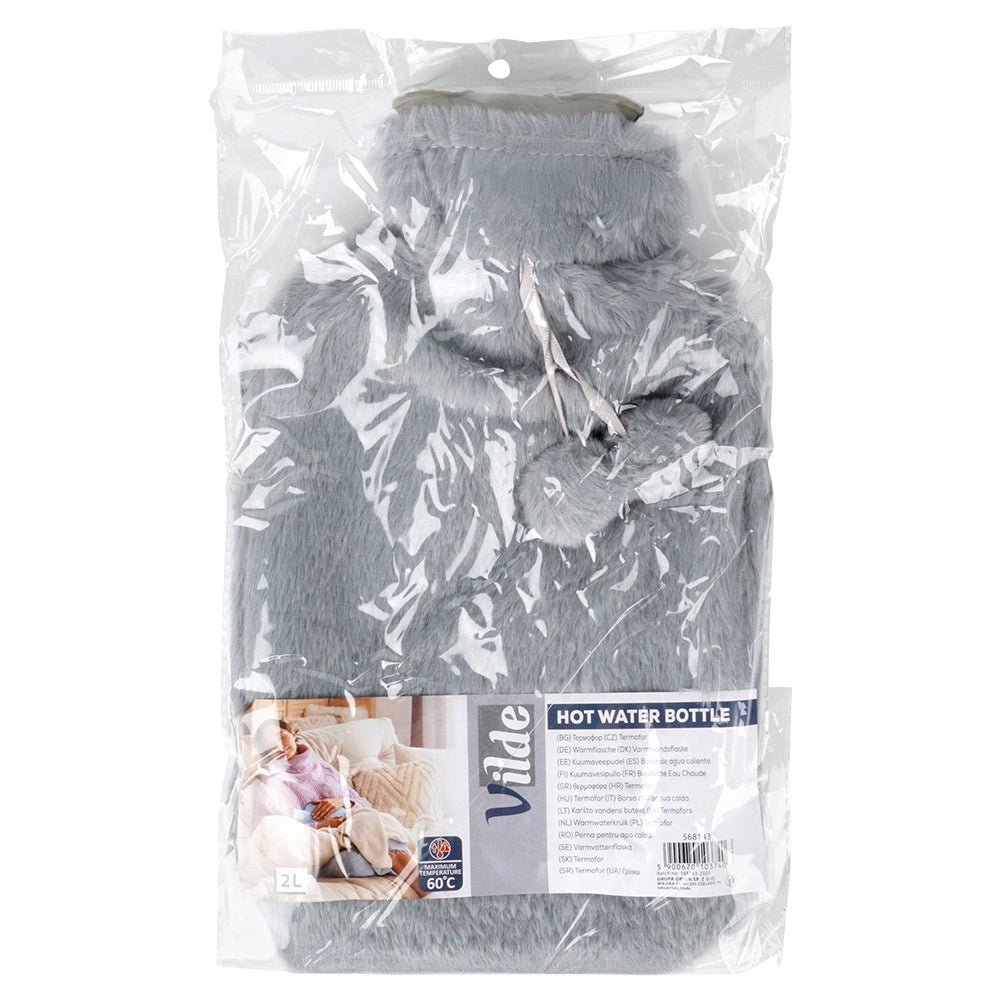 Hot Water Bottle with Gray Sleeve, 2L Capacity