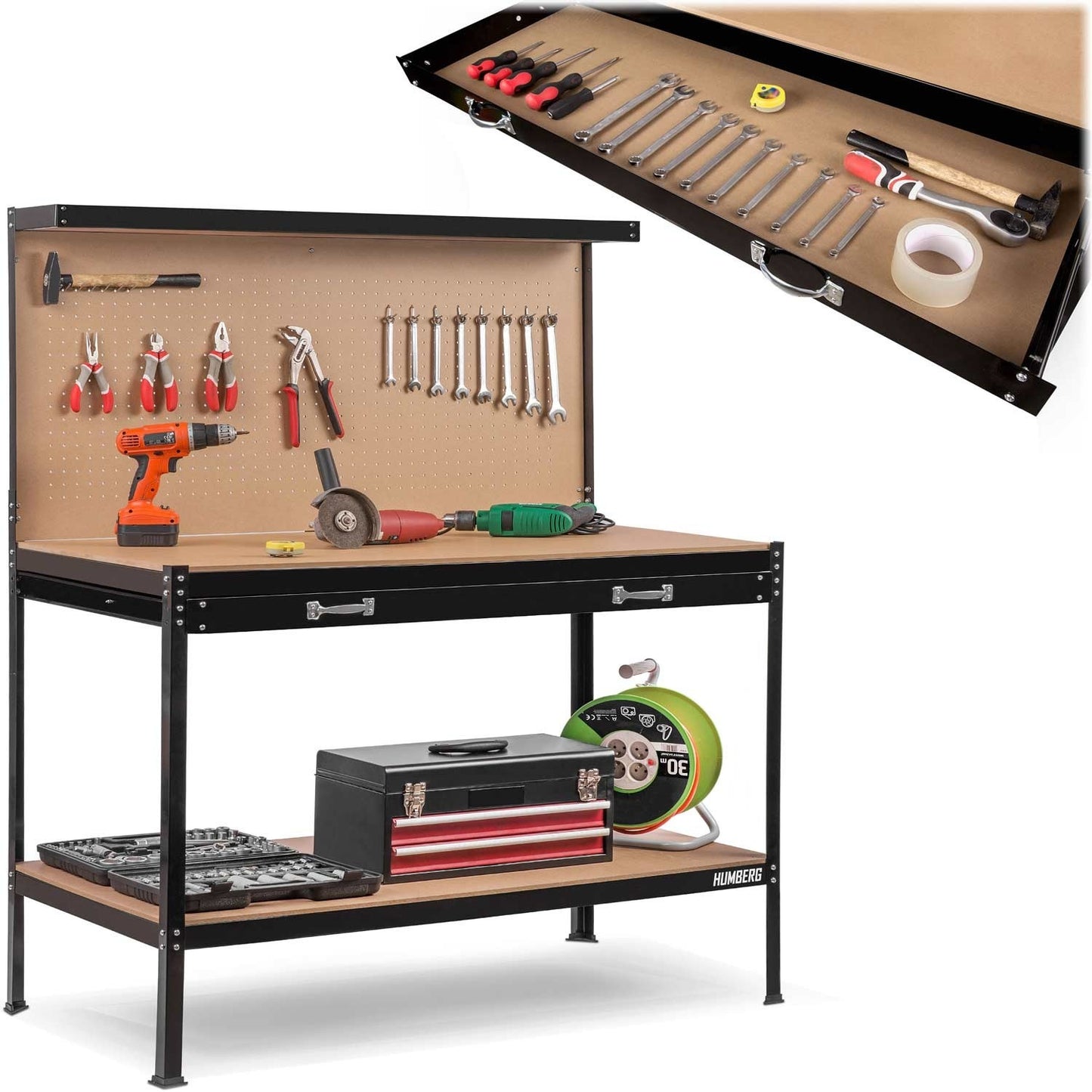 Humberg HM-590 black workshop work table with drawer