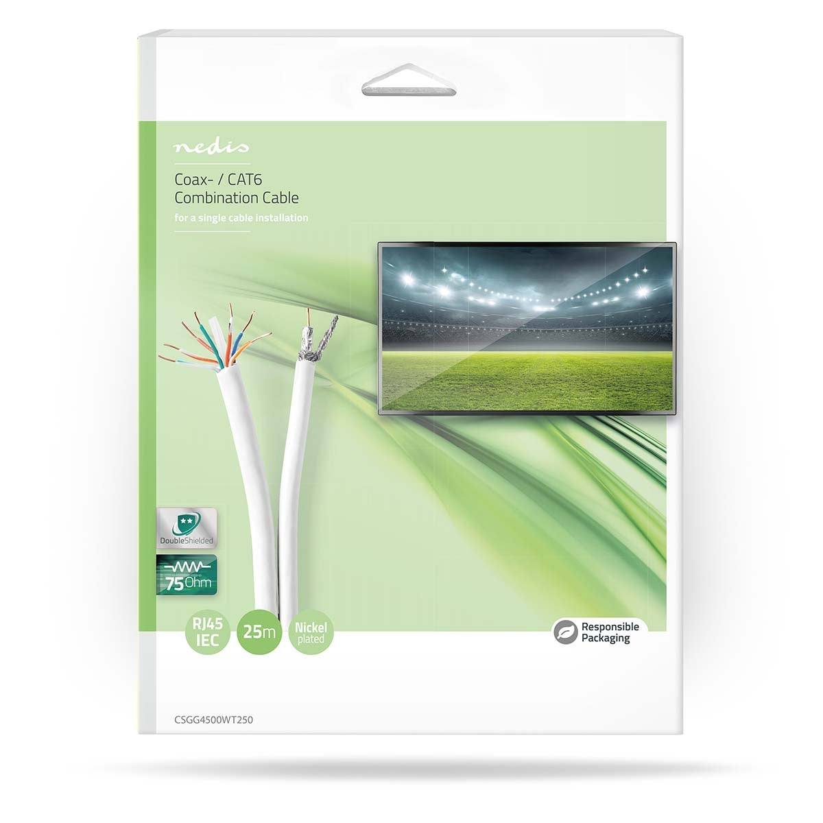 IEC (Coax) CAT6 combi cable on roll | RG59 | 75 Ohm | Double Shielded | ECA | 25.0 m | Round | White | Gift box