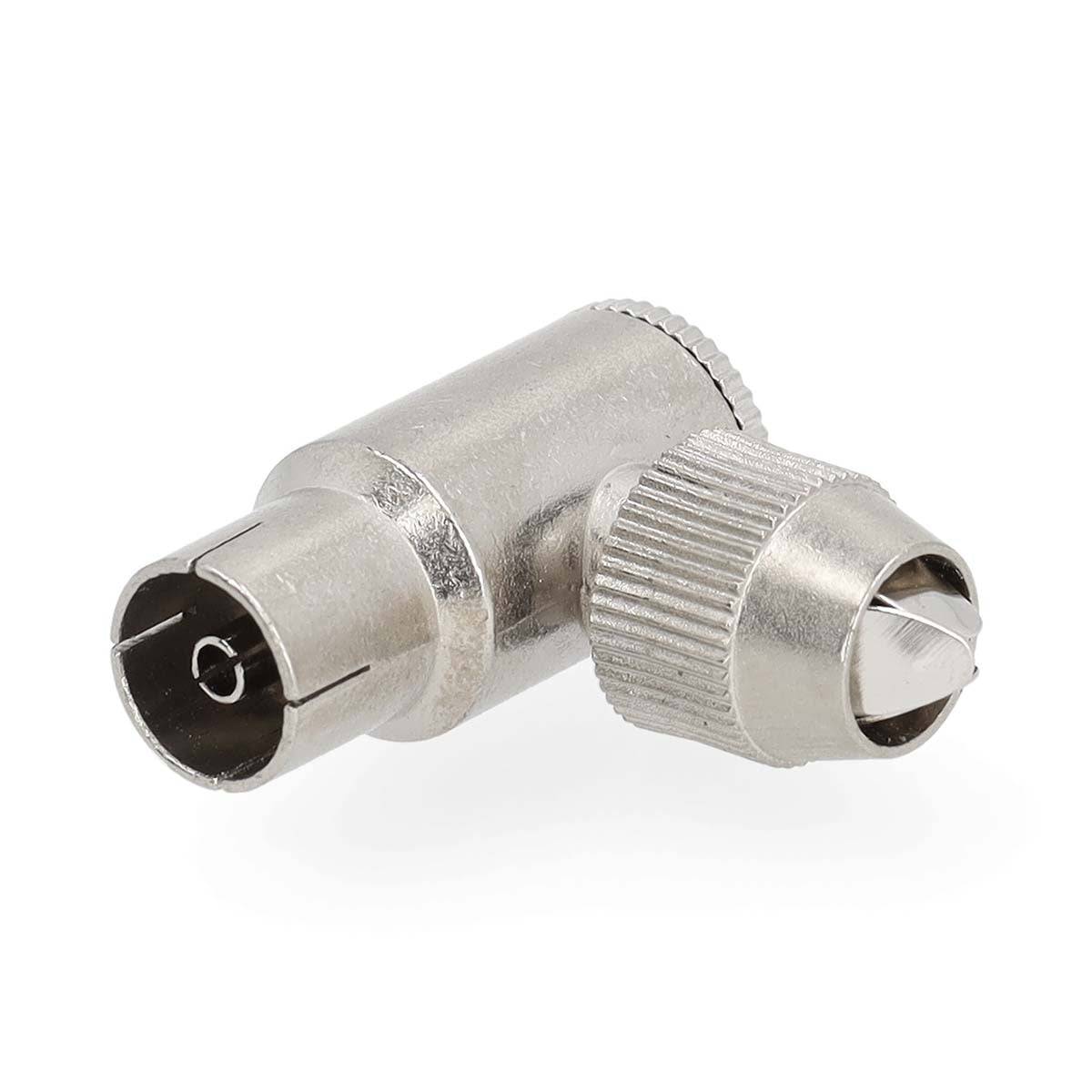 IEC (Coax) Connector | Angled 90° | Female | Nickel Plated | 75 Ohm | Screw | Cable input diameter: 7.0 mm | Metal | Silver | 2 pcs | Gift Box with Euro Lock