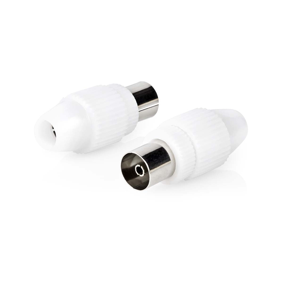 IEC (Coax) Connector | Straight | Female | Nickel Plated | 75 Ohm | Screw | Cable input diameter: 7.0 mm | Metal / PVC | White | 2 pcs | Box