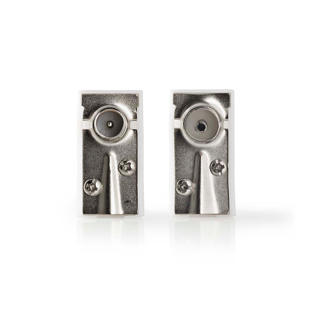 IEC (coax) | Angled | Male / Female | Nickel Plated | 75 Ohm | Screw | Cable input diameter: 7.0 mm | Metal / PVC | White | 2 pcs. | Box