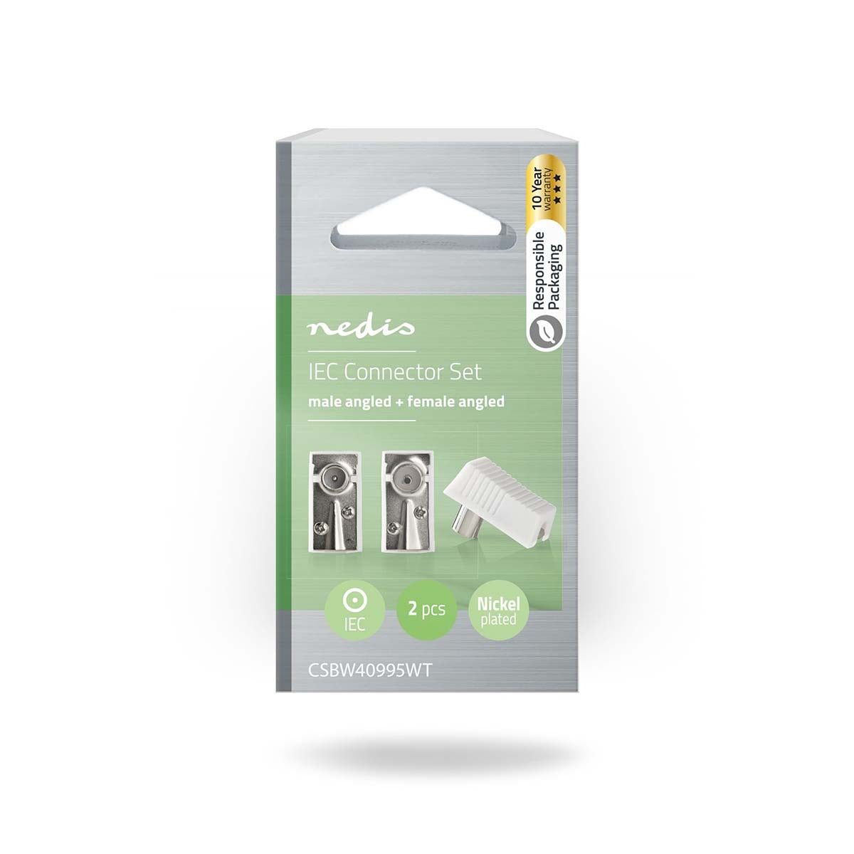 IEC (coax) | Angled | Male / Female | Nickel Plated | 75 Ohm | Screw | Cable input diameter: 7.0 mm | Metal / PVC | White | 2 pcs. | Box
