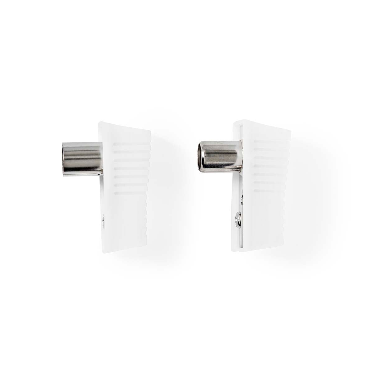 IEC (coax) | Angled | Male / Female | Nickel Plated | 75 Ohm | Screw | Cable input diameter: 7.0 mm | Metal / PVC | White | 2 pcs. | Box
