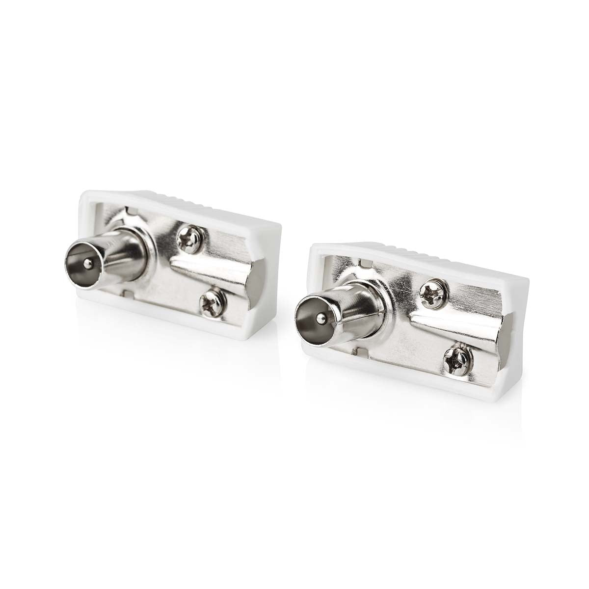 IEC (coax) | Angled | Male | Nickel Plated | 75 Ohm | Screw | Cable input diameter: 7.0 mm | Metal / PVC | White | 2 pcs. | Box