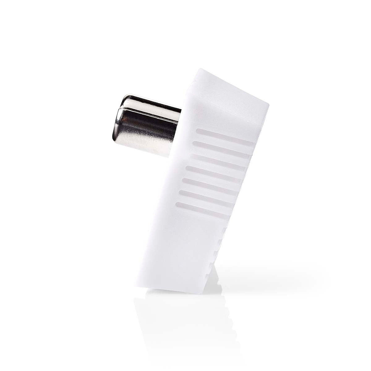IEC (coax) | Angled | Male | Nickel Plated | 75 Ohm | Screw | Cable input diameter: 7.0 mm | Metal / PVC | White | 2 pcs. | Box