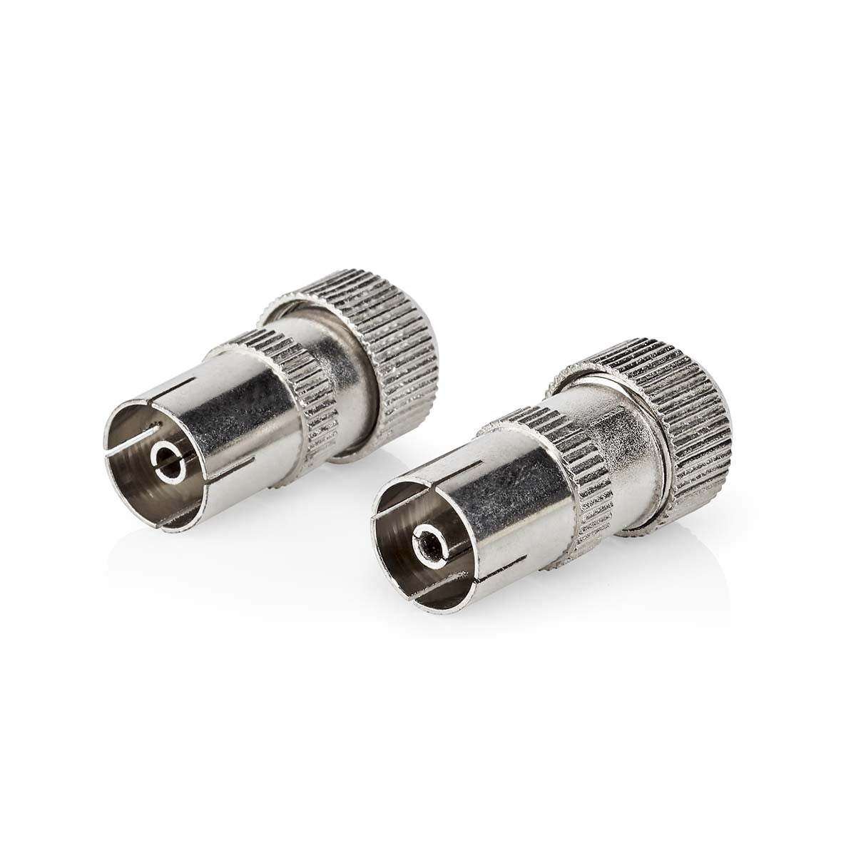 IEC (coax) | Straight | Female | Nickel Plated | 75 Ohm | Screw | Cable input diameter: 7.0 mm | Metal | Silver | 2 pcs. | Envelope