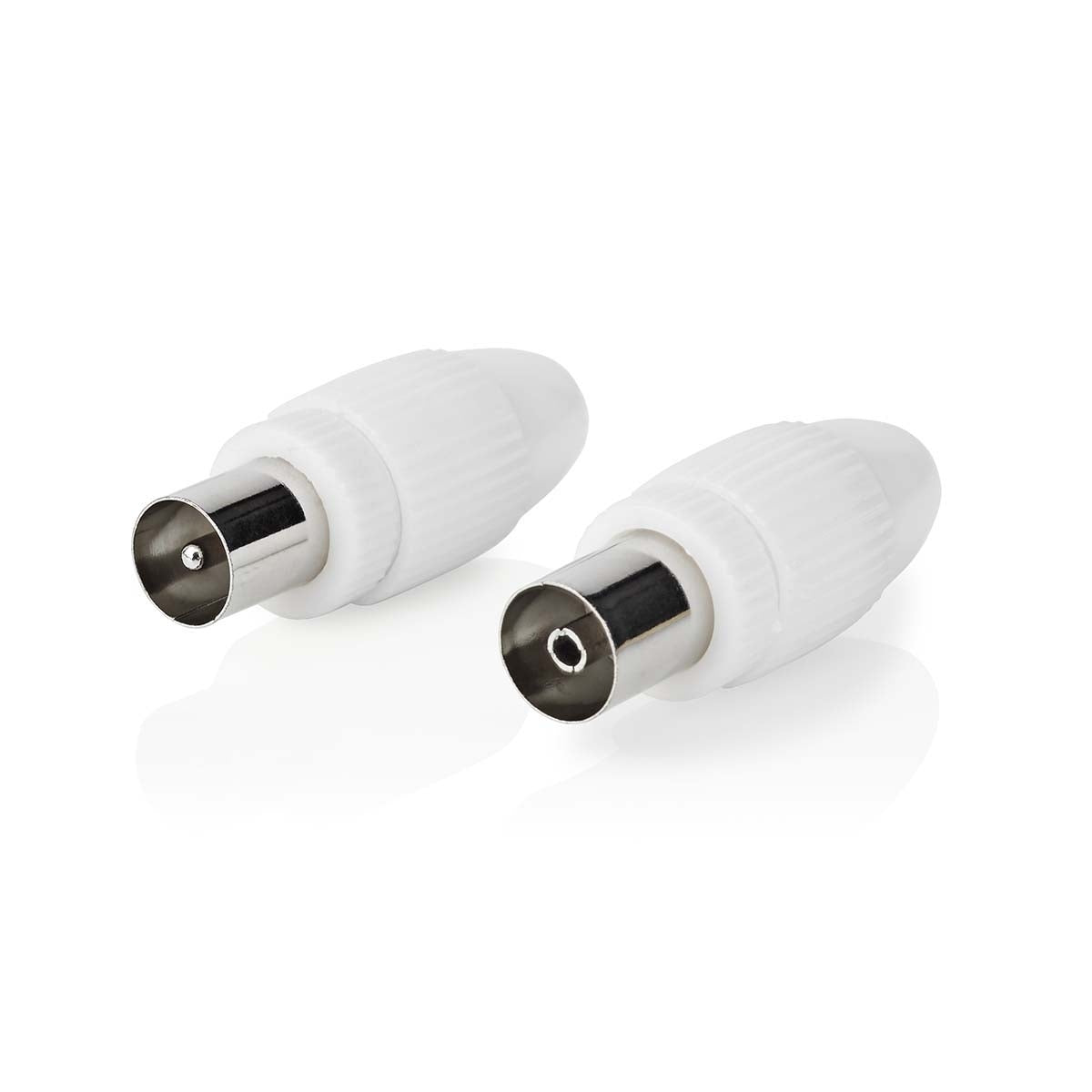 IEC (coax) | Straight | Male / Female | Nickel Plated | 75 Ohm | Screw | Cable input diameter: 7.0 mm | Metal / PVC | White | 2 pcs. | Box
