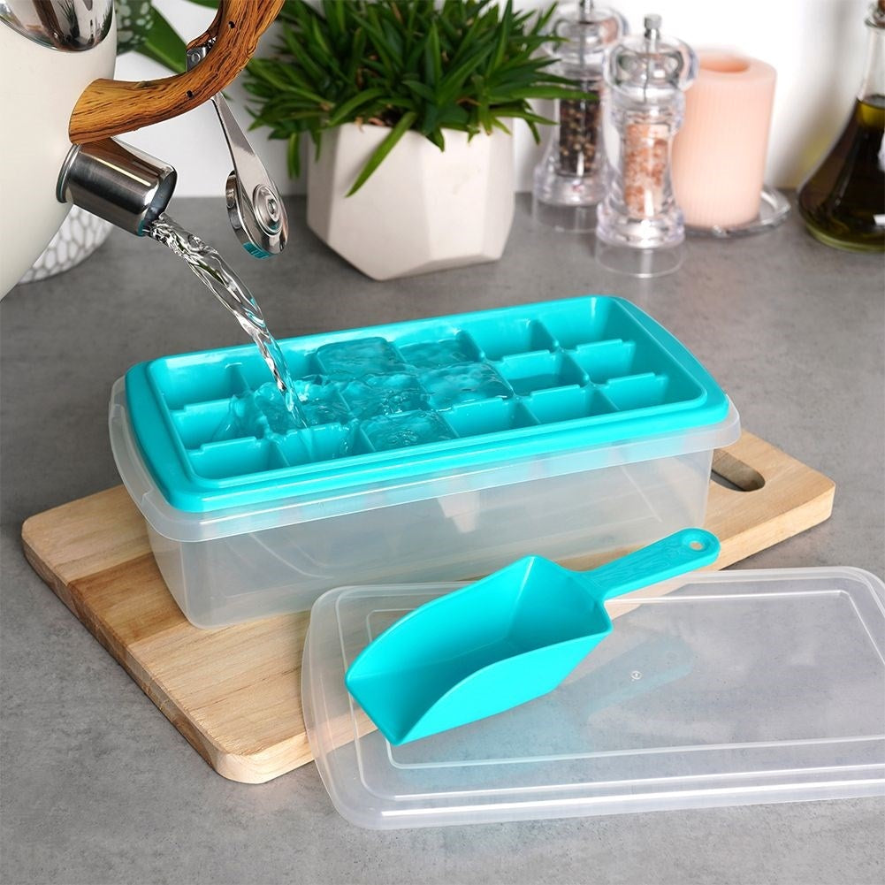 Ice cube mold with container and scoop - easy ice removal
