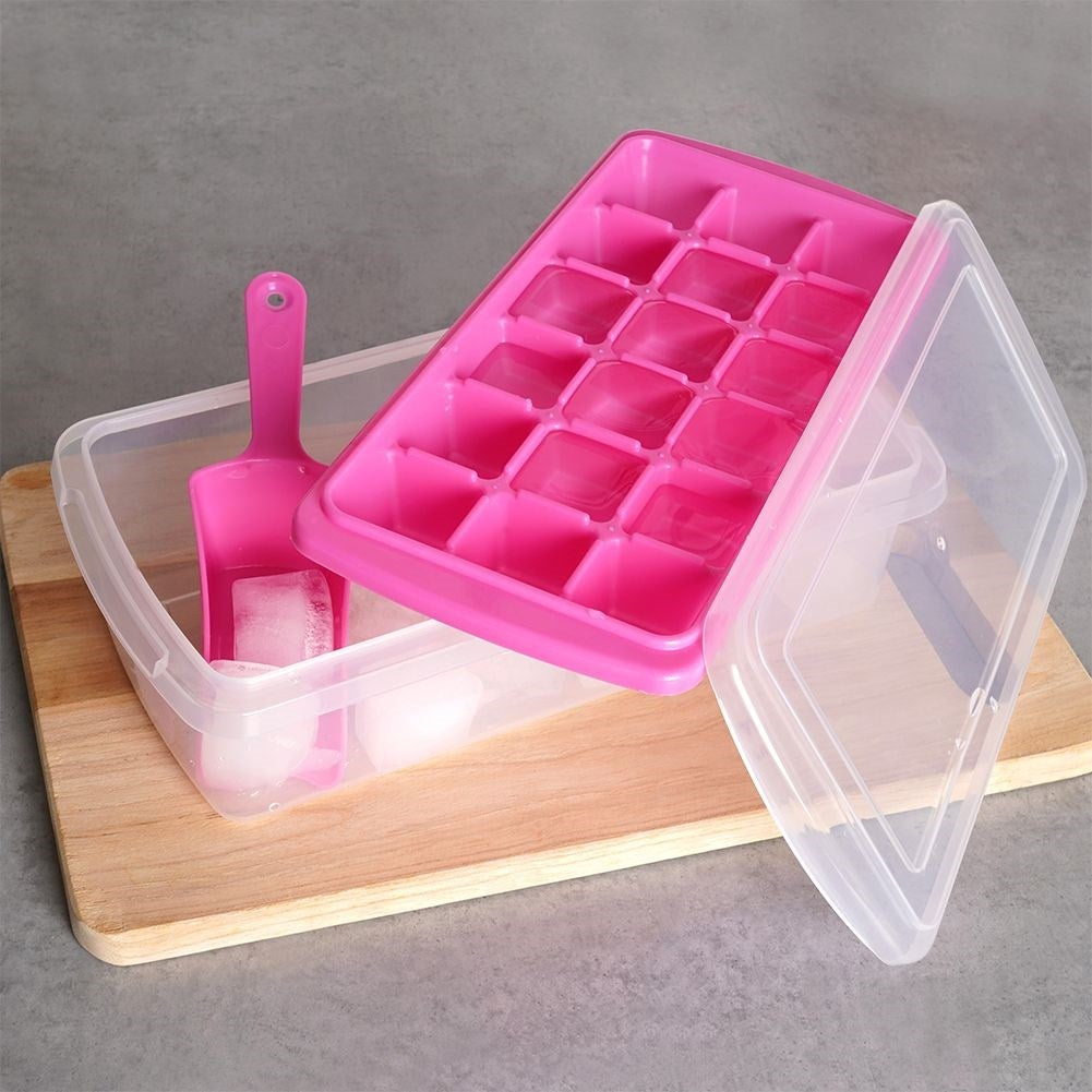 Ice cube mold with container and scoop - easy ice removal