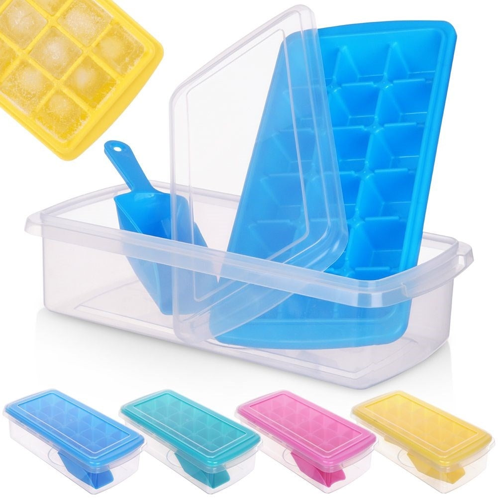 Ice cube mold with container and scoop - easy ice removal