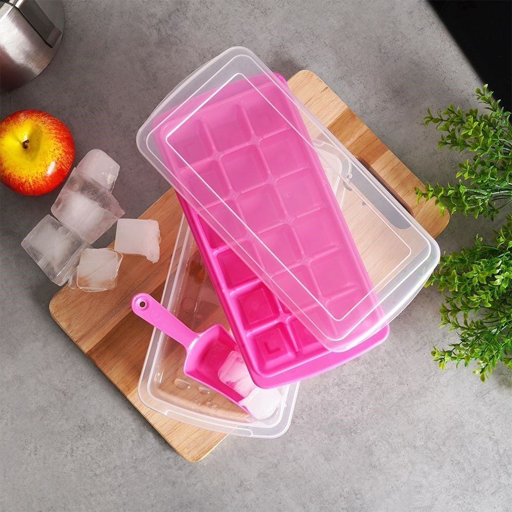 Ice cube mold with container and scoop - easy ice removal