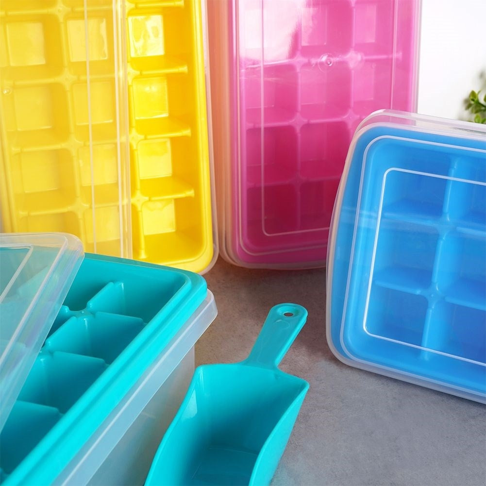 Ice cube mold with container and scoop - easy ice removal