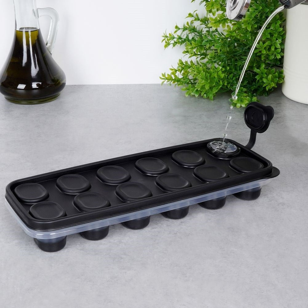 Ice mold for 12 ice cubes with lid and silicone base
