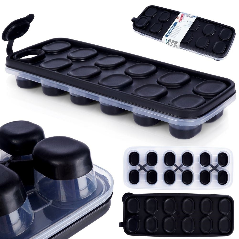 Ice mold for 12 ice cubes with lid and silicone base