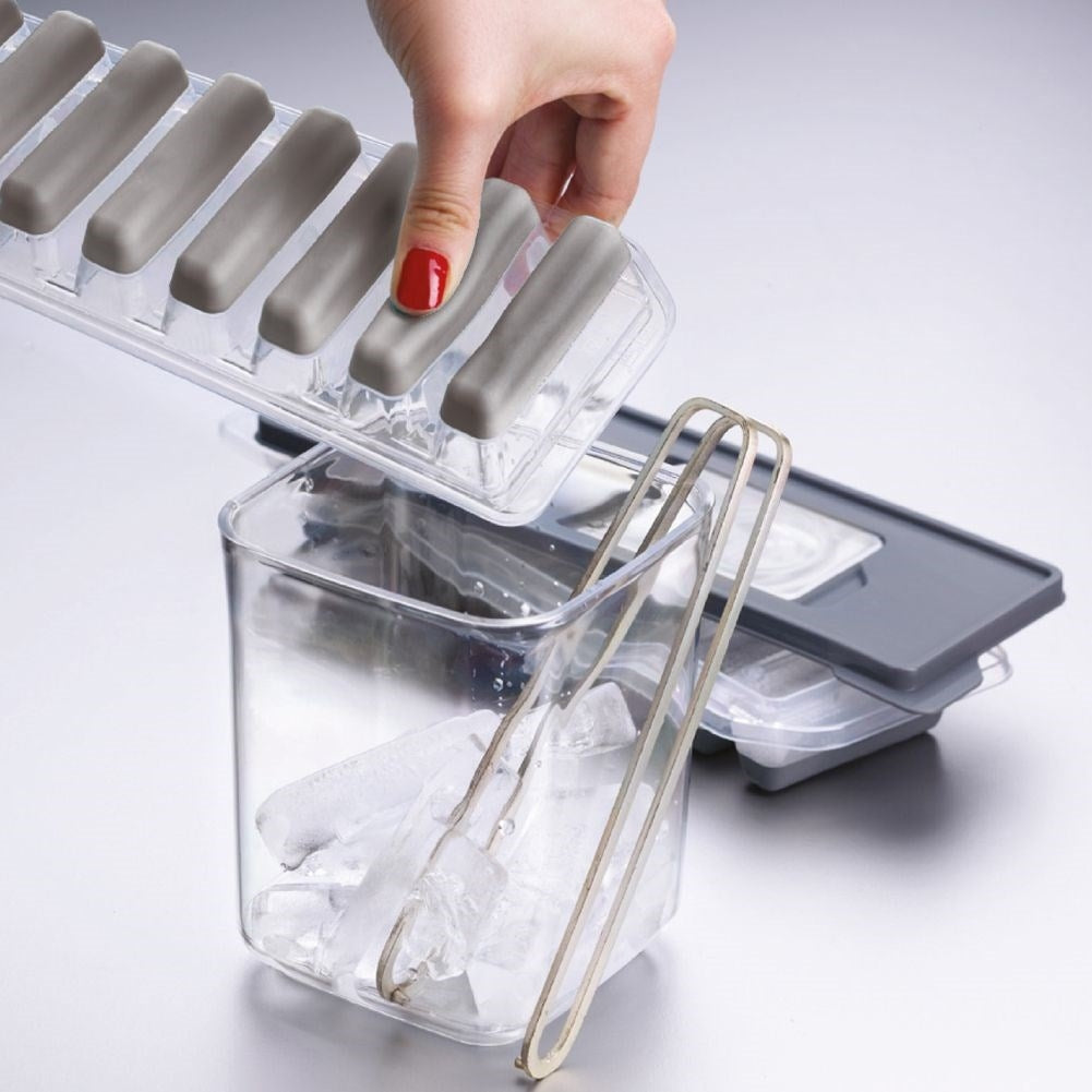 Ice mold with lid for nine oblong ice cubes, silicone base