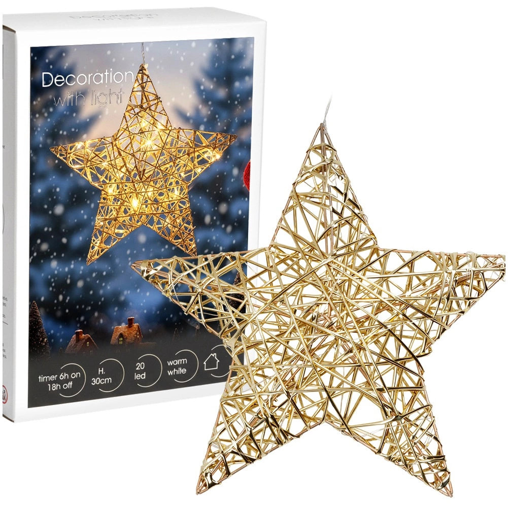 Illuminated Gold Star, 30 cm, 20 LED, Battery-Powered
