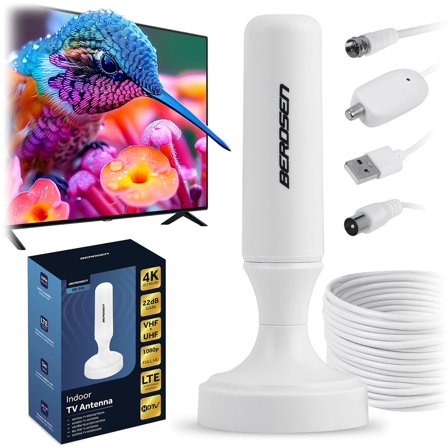 Indoor TV Antenna 360° Ultra HD 4K, White