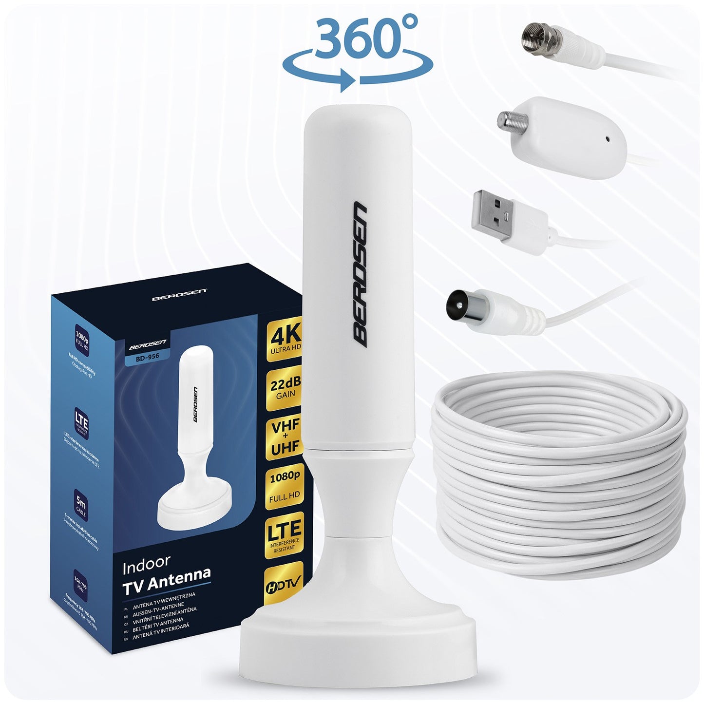 Indoor TV Antenna 360° Ultra HD 4K, White