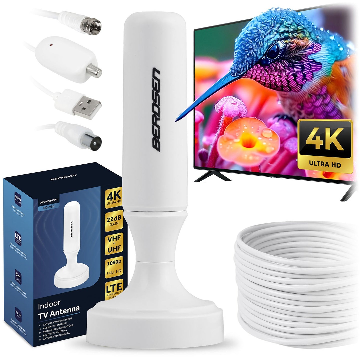 Indoor TV Antenna 360° Ultra HD 4K, White