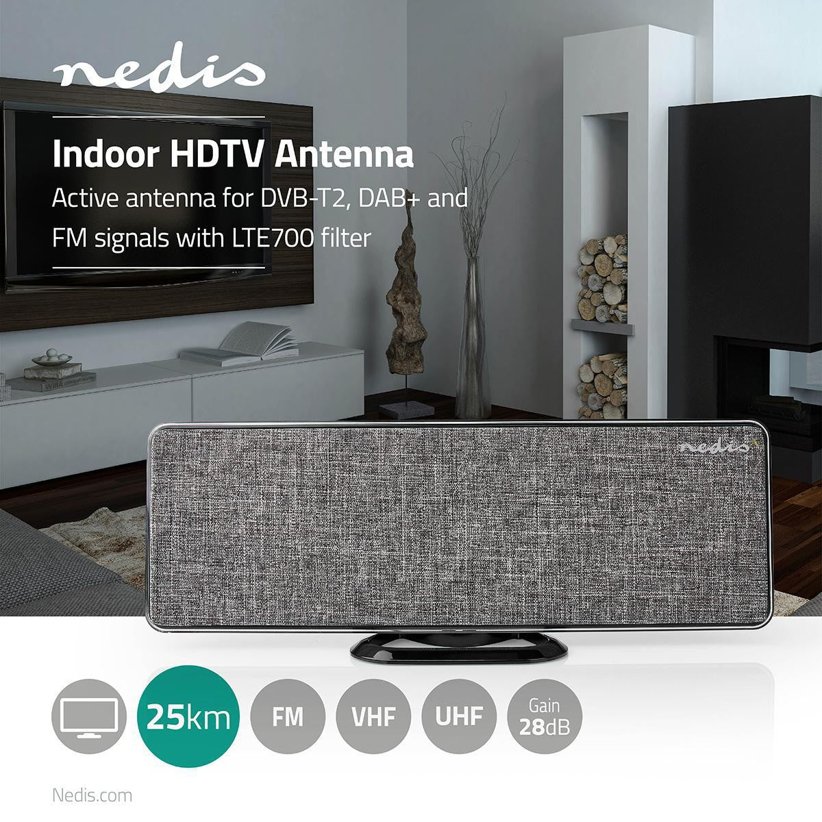 Indoor antenna | Active | FM / UHF / VHF | Reception area: 0-25 km | LTE700 | Gain: 28 dB | ABS / Fabric | Gray