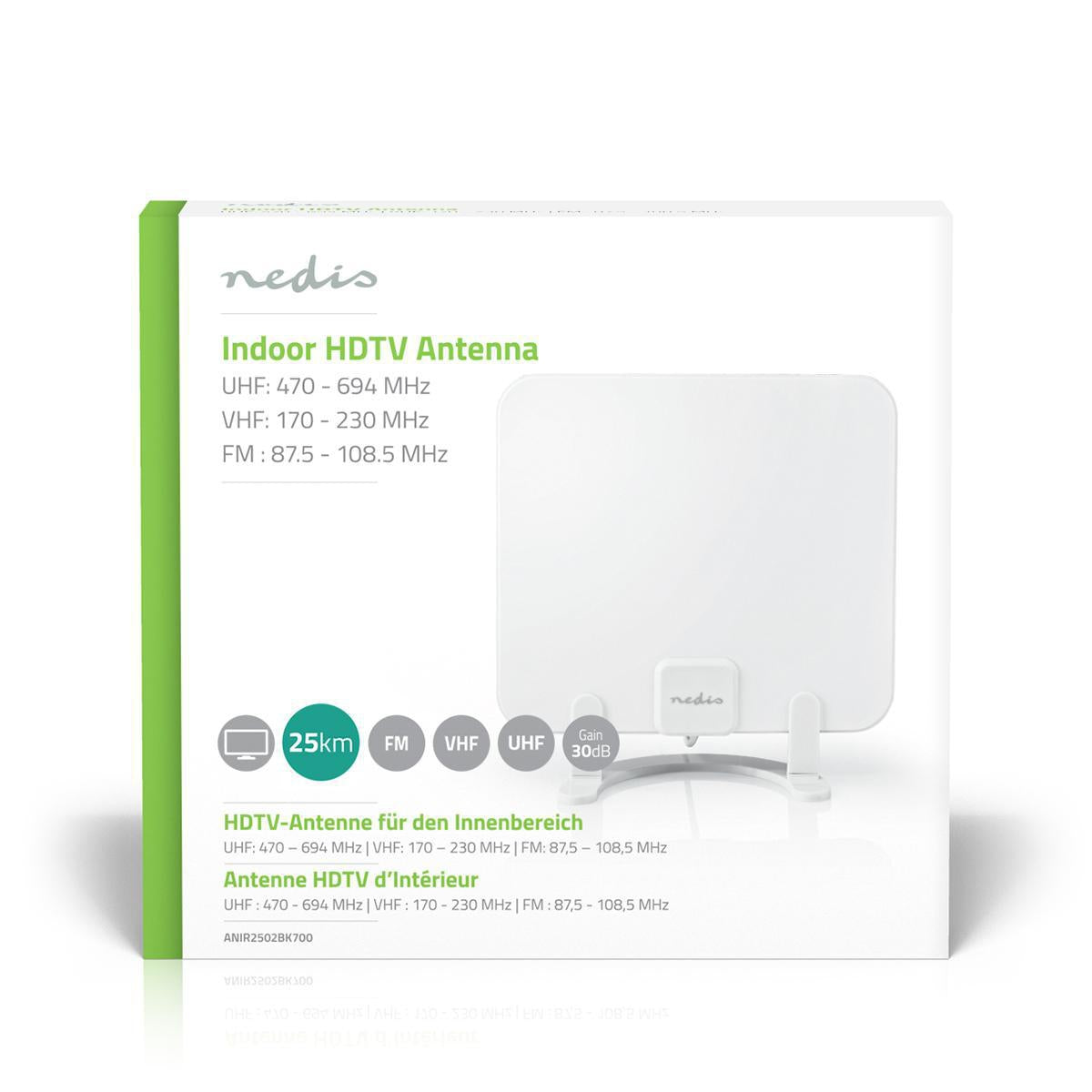 Indoor antenna | Active | FM / UHF / VHF | Reception area: 0-25 km | LTE700 | Gain: 30 dB | ABS | White
