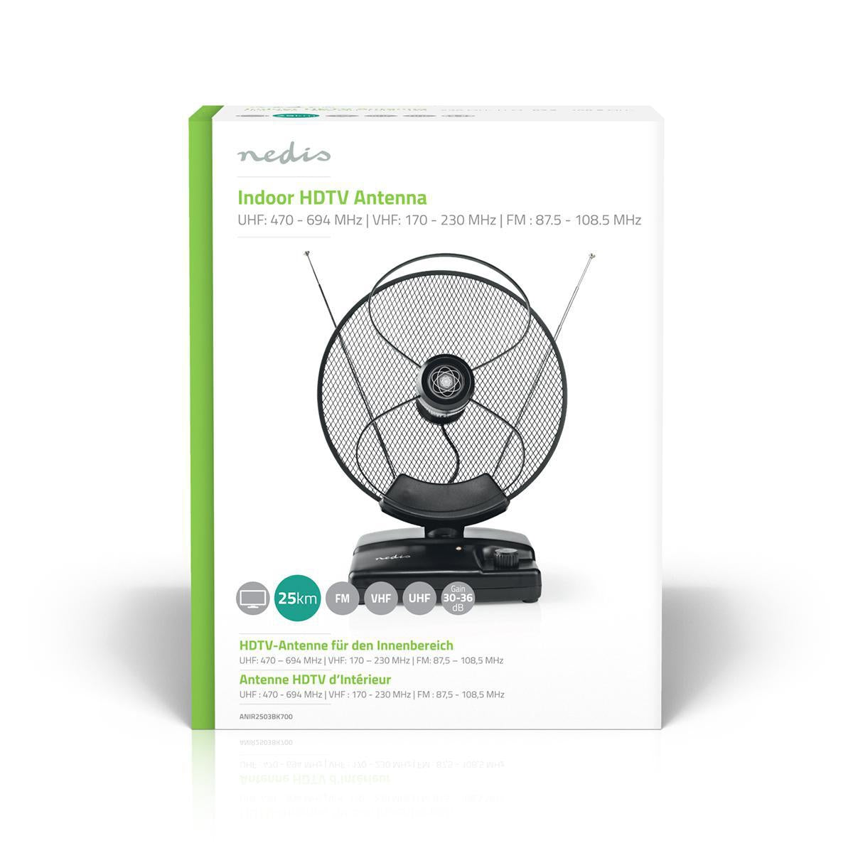 Indoor antenna | Active | FM / UHF / VHF | Reception area: 0-25 km | LTE700 | Gain: 36 dB | Gain Control | ABS | Black