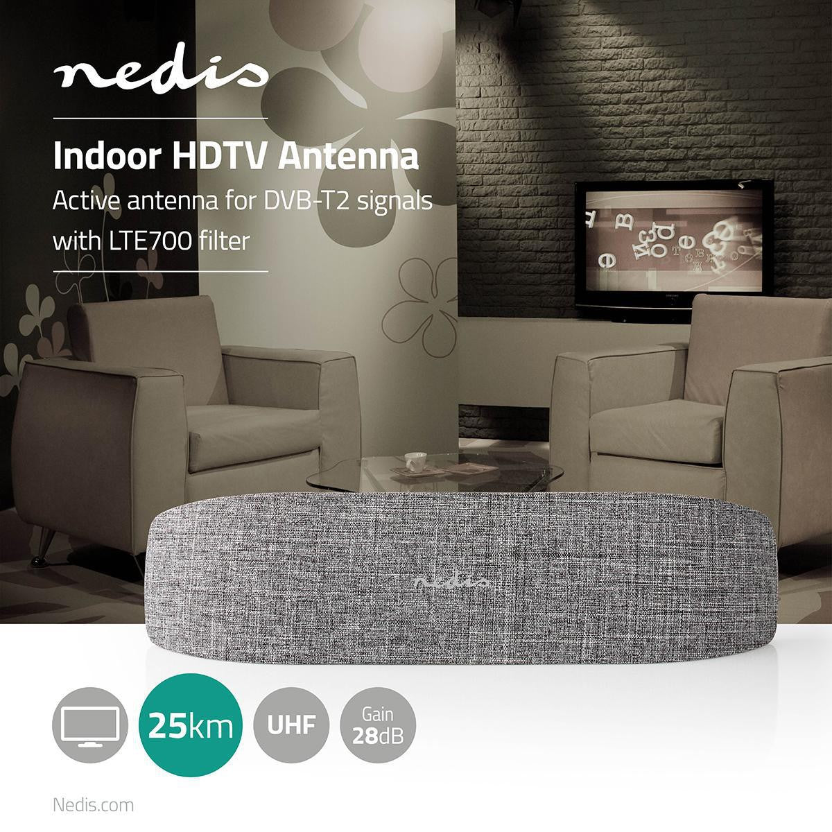 Indoor antenna | Active | UHF | Reception area: 0-25 km | LTE700 | Gain: 28 dB | ABS / Fabric | Gray