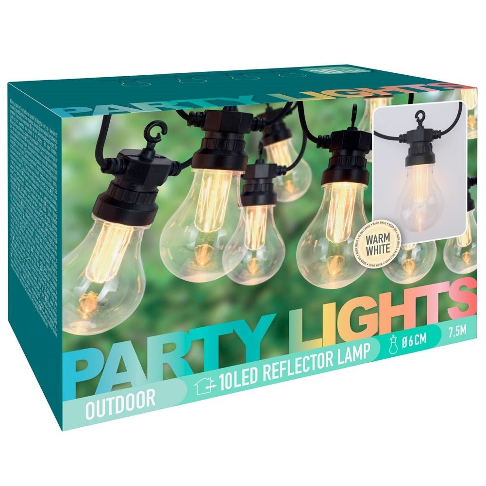 Indoor/outdoor garland with warm retro light bulbs