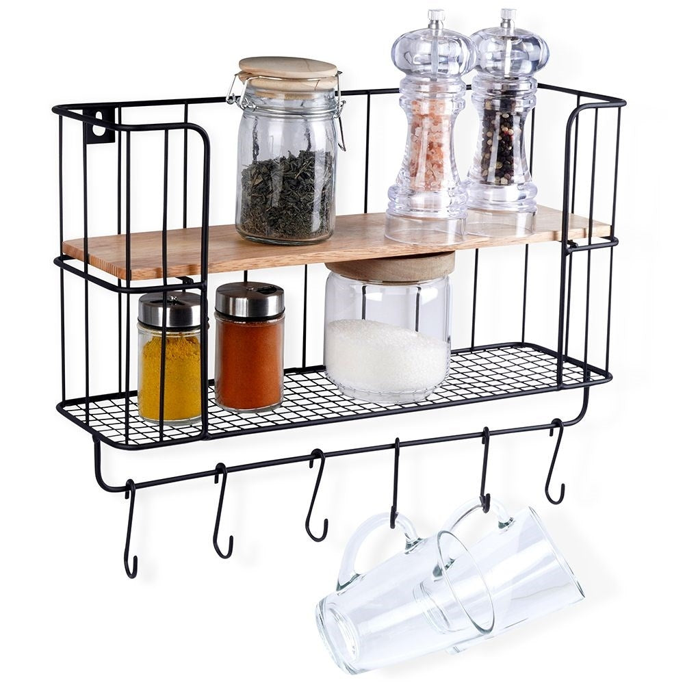 Industrial Wall Mounted Shelf with Hooks and Wooden Plate