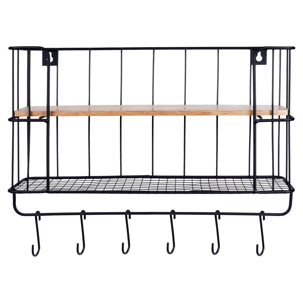 Industrial Wall Mounted Shelf with Hooks and Wooden Plate