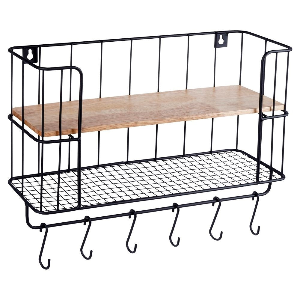 Industrial Wall Mounted Shelf with Hooks and Wooden Plate
