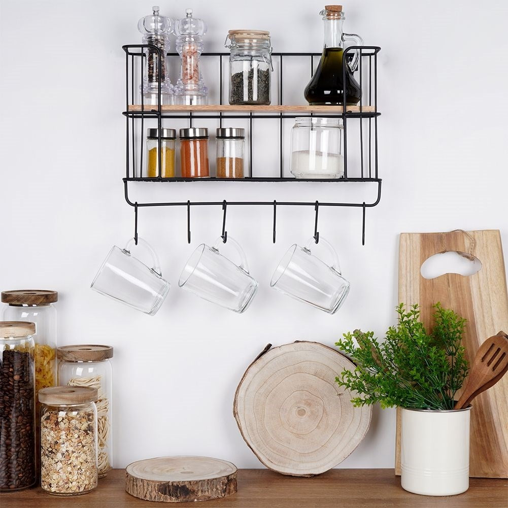 Industrial Wall Mounted Shelf with Hooks and Wooden Plate
