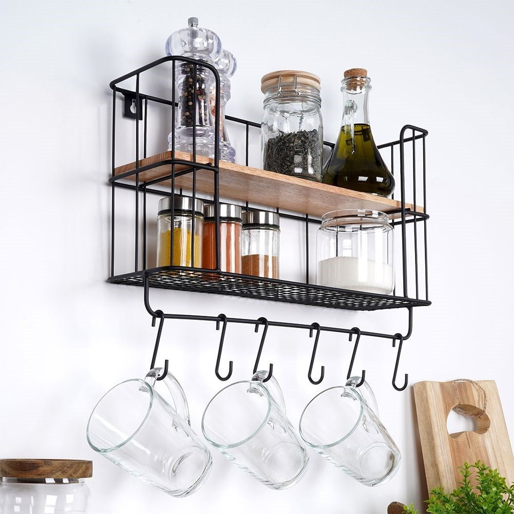 Industrial Wall Mounted Shelf with Hooks and Wooden Plate