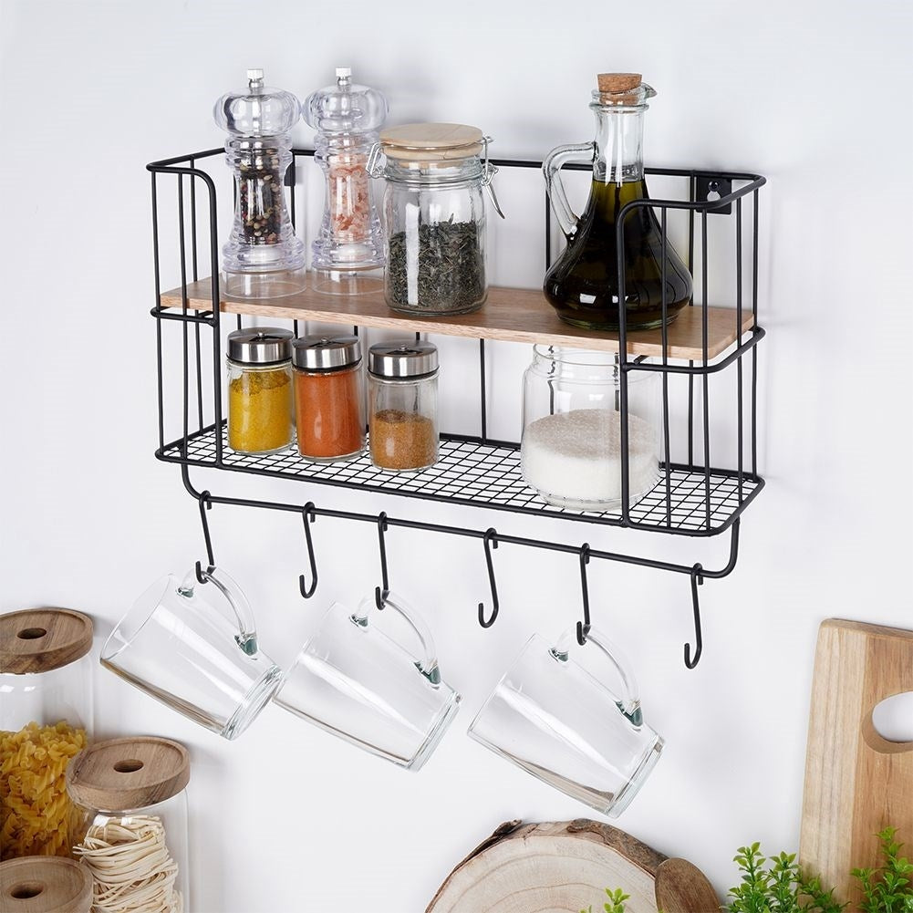 Industrial Wall Mounted Shelf with Hooks and Wooden Plate