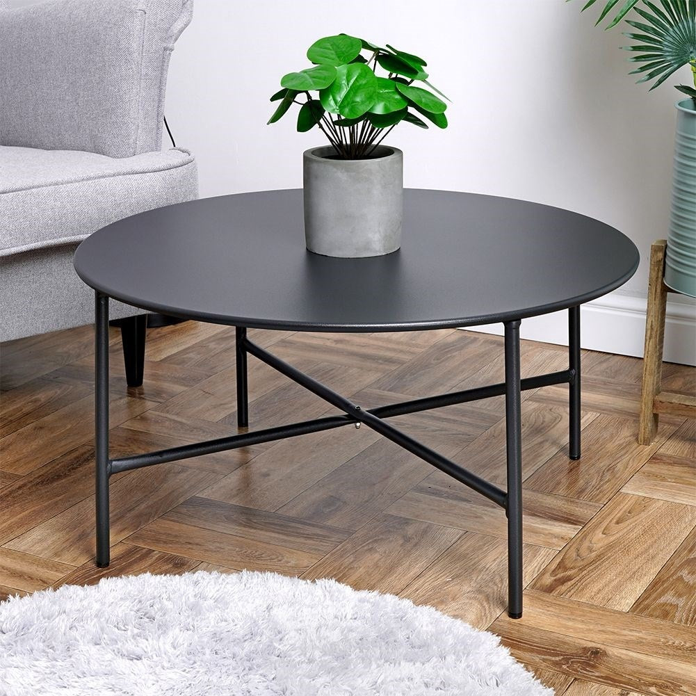 Industrial black metal coffee table, round 70 cm top